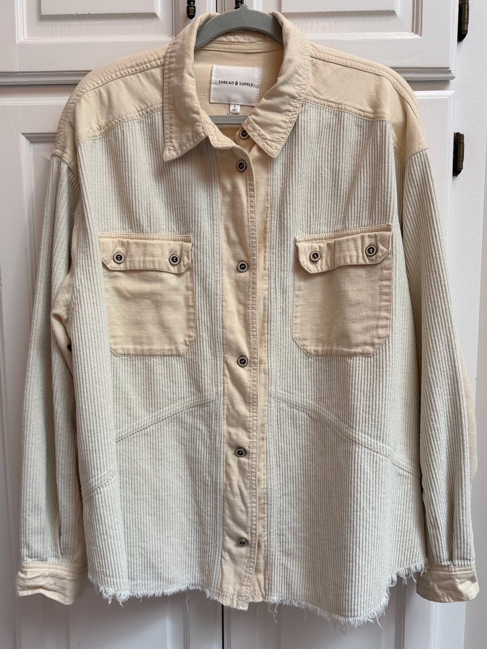 Thread & Supply Mixed Media Cream Button Down Shacket Size Large